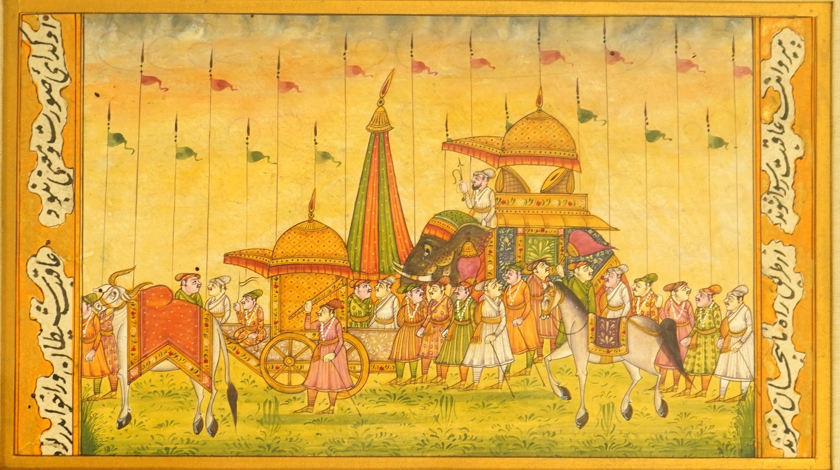 Indian Mughal style, Procession of figures, watercolour on fabric and a similar smaller work with calligraphy, largest 24 x 43cm